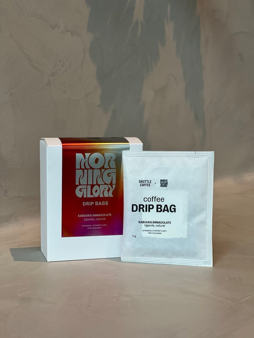 A white box labeled MORNING GLORY DRIP BAGS next to a single white drip bag packet for coffee, set on a beige surface against a textured beige wall.