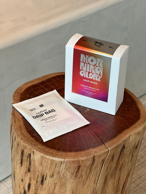 A white box labeled 'Morning Glory Drip Bags' and a small white drip bag sit on a round wooden stump in an indoor setting.